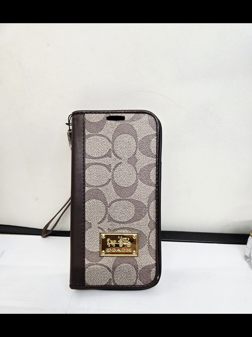 Coach Gold Plaque Signature Canvas Wallet in Beige and Taupe